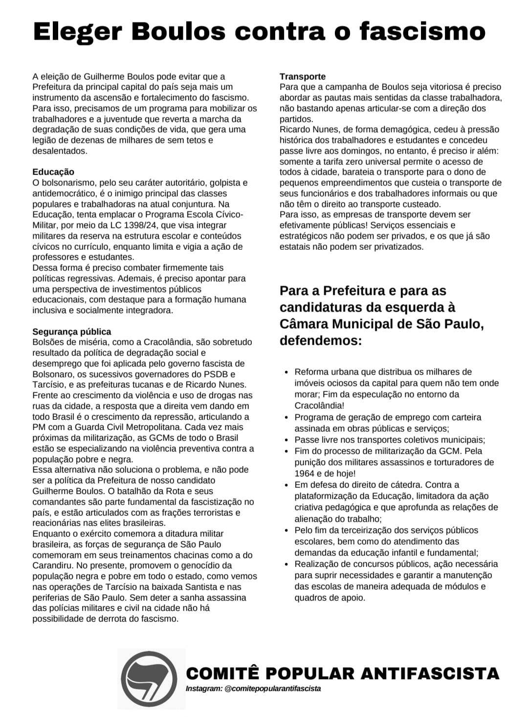 Nota do Comitê Popular Antifascista de São Paulo